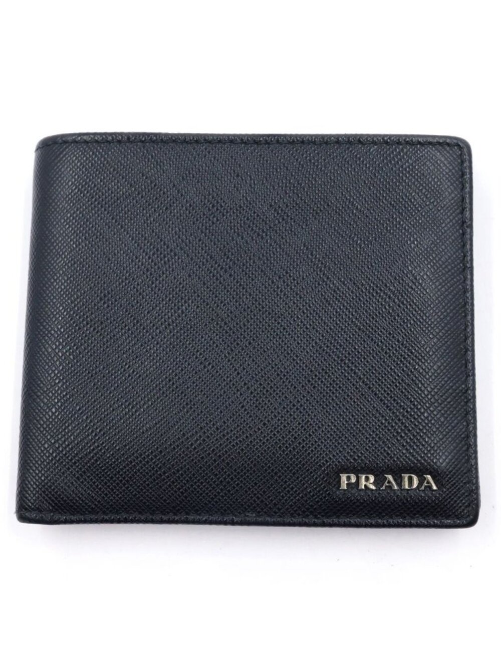 Prada Bifold Wallet Triangular Plate Leather Compact Black